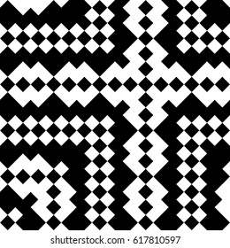 Slavic embroidery motif. Ethnic figure wallpaper. Seamless surface pattern design with black polygons ornament on white background. Digital paper for page fills, web designing, textile print. Vector.