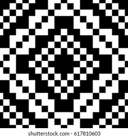 Slavic embroidery motif. Ethnic figure wallpaper. Seamless surface pattern design with black polygons ornament on white background. Digital paper for page fills, web designing, textile print. Vector.