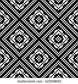 Slavic embroidery motif. Ethnic figure wallpaper. Seamless surface pattern design with black polygons ornament on white background. Digital paper for page fills, web designing, textile print. Vector.