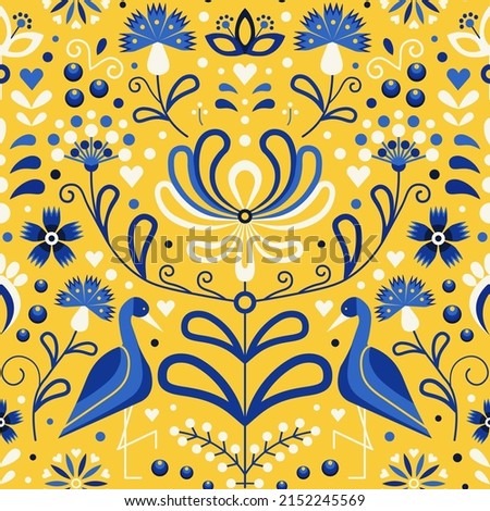 Slavic floral folk Ukraine pattern with flowers and birds. Ukrainian folkloric seamless ornament pattern in blue and yellow colors. Botanical repeating background for textiles and fabric designs. Stock fotó © 
