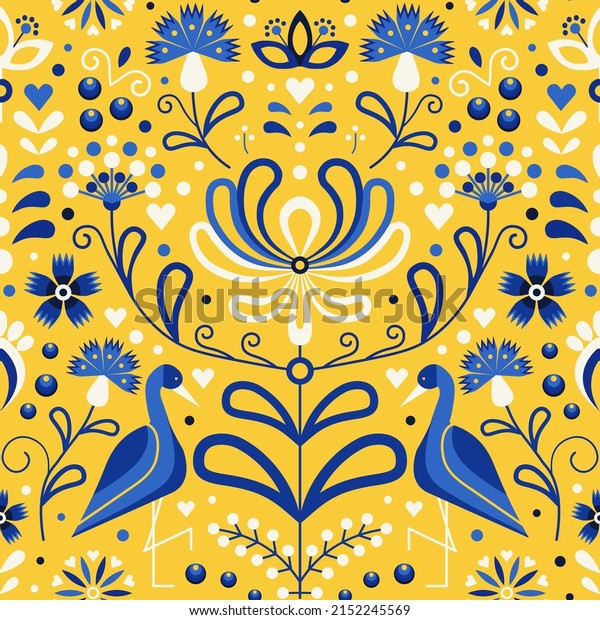 Slavic floral folk Ukraine pattern with flowers\
and birds. Ukrainian folkloric seamless ornament pattern in blue\
and yellow colors. Botanical repeating background for textiles and\
fabric designs.