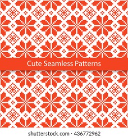 Slavic Folk Seamless Pattern. Repetitive Red and White Embroidery Texture. Vector Ethnic Ornament Background. Ready Swatch Included in File
