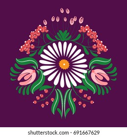Slavic folk traditional vegetable pattern. Rose buds, chamomile and rowan berries brushes for used for wallpaper, printing on the packaging paper, textiles.