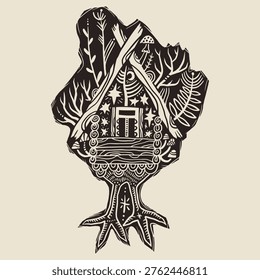 Slavic Folklore The Enchanted Hut of Baba Yaga The Witch's House on Chicken Legs Dark Fairytale Vector Clipart