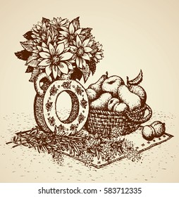 Slavic folklore old rural kitchen eat still life backdrop. Gerberas in pot. Freehand outline ink hand drawn picture sketchy in art doodle graphic style pen on paper. Closeup view with space for text