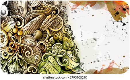 Slavic food hand drawn doodle banner. Cartoon detailed flyer. Eastern Europe cuisine identity with objects and symbols. Paint vector design elements background