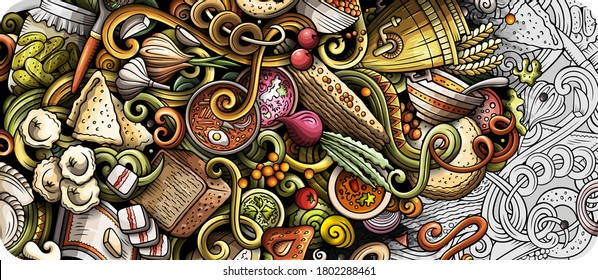 Slavic food hand drawn doodle banner. Cartoon detailed flyer. National cuisine identity with objects and symbols. Color vector design elements background