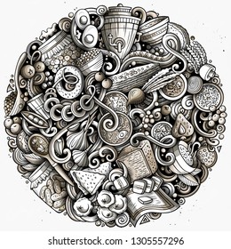 Slavic food hand drawn vector doodles illustration. eastern europe cuisine poster design. National elements and objects cartoon background. Toned funny picture