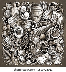 Slavic food hand drawn vector doodles illustration. Eastern Europe cuisine poster design. National elements and objects cartoon background. Toned funny picture