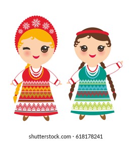 Slavic girl in green red sundress and white shirt with embroidery, hair braided two braids Kawaii child in national costume. Cartoon children in traditional dress isolated on white background. Vector