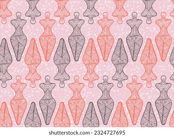 Slavic goddess copper age culture seamless ornament. Magic european tribal vector. Ancient pagan mythology harvest archetype figurine. Neolithic amulet riddle pattern.