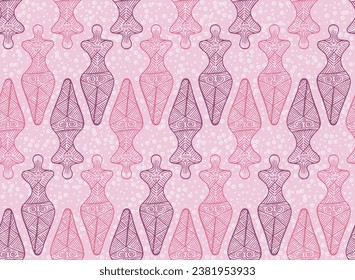 Slavic goddess cucuteni symbol seamless pattern. Cute moldovan ethnic motif. Ancient slavic mythology harvest goddess figurine. Historic berehynia shape.