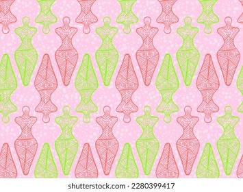 Slavic goddess cucuteni-trypillia culture endless pattern. Beautiful moldovan folkloric motif. Ancient pagan mythology harvest archetype silhouette. Female figure sketch.