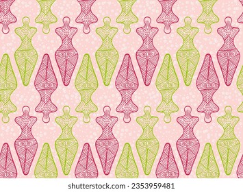 Slavic goddess cucuteni-trypillia culture seamless ornament. Colorful moldovan folkloric vector. Ancient slavic heritage harvest archetype sculpture. Pottery ornament outline.