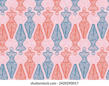 Slavic goddess cucuteni-trypillia culture seamless pattern. Abstract european tribal vector. Naive slavic heritage fertility archetype sculpture. Pottery ornament outline.