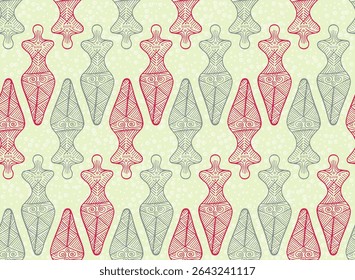 Slavic goddess cucuteni-trypillia culture seamless pattern. Magic romanian ethnic motif. Ancient pagan legacy mother archetype silhouette. Female figure sketch.
