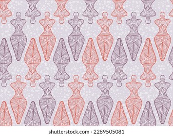 Slavic goddess cucuteni-trypillia symbol seamless pattern. Cute ukrainian ethnic vector. Ancient pagan mythology harvest goddess silhouette. Clay ceramic engraving.