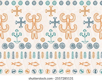 Slavic goddess trypillia culture seamless pattern. Simple moldovan traditional vector. Naive pagan mythology harvest goddess sculpture. Pottery ornament outline.