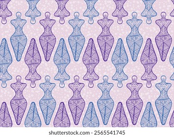 Slavic goddess trypillia culture seamless pattern. Abstract romanian tribal motif. Ancient pagan mythology mother goddess figurine. Neolithic amulet riddle pattern.