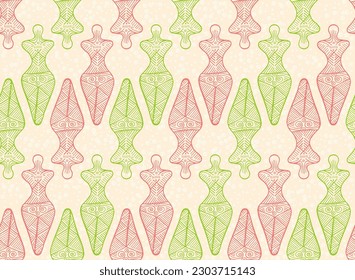 Slavic goddess trypillia symbol endless pattern. Colorful moldovan ethnic motif. Naive pagan mythology fertility archetype sculpture. Pottery ornament outline.