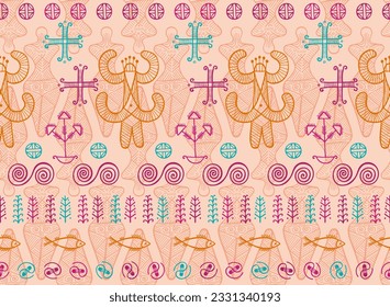 Slavic goddess trypillia symbol seamless ornament. Magic ukrainian folkloric vector. Naive slavic heritage mother goddess silhouette. Clay ceramic engraving.