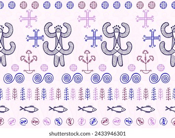 Slavic goddess trypillian culture seamless pattern. Magic romanian tribal vector. Naive pagan mythology fertility archetype figurine. Historic berehynia shape.