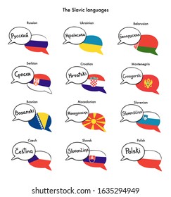 The Slavic languages. Set of vector clip art of speech bubbles with national flags of Russia, Poland, Serbia, Croatia, and other Slav countries. Foreign language course, school or travel agency design