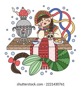 Slavic mermaid girl wearing traditional costume. Cute national tiara with ribbons. Sad sea princess sitting on the table with tea pot. Adorable colorful cartoon illustration for kids. Isolated