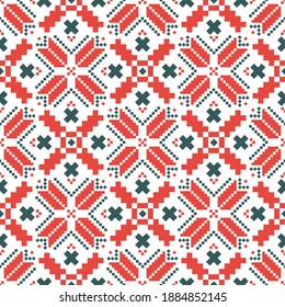 Slavic ornament from Eastern Europe, repetitive decoration in red and black. Ukrainian, Belarusian embroidery vector seamless pattern, cross-stitch ornament inpired by folk art - Vyshyvanka. 