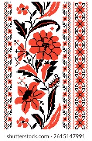 Slavic ornament with motifs of flowers, nature, growth and rebirth. Repeating pattern in red and white traditional colors.
