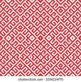 Slavic ornament seamless vector pattern, Russian, Ukrainian, Belarussian pattern for embroidery. Red monochrome, traditional ethnic ornament.
