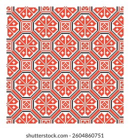 Slavic ornament with symbols of soul and memory of the departed, mercy. Repeating seamless pattern in red and white traditional colors.