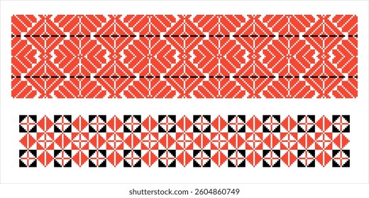 Slavic ornament with symbols of the sun and moon, the opposition of these two pagan images. Repeating pattern in red and white traditional colors.