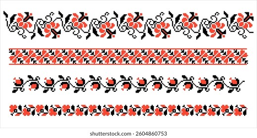 Slavic ornament with symbols of the triumph of nature, the arrival of spring, fragrance and flowering. Repeating pattern in red and white traditional colors.