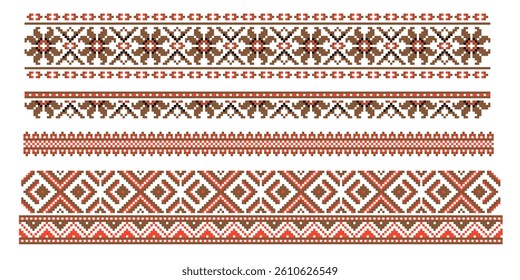 Slavic ornaments, pixelated representation of traditional clothing patterns.. Repeating patterns in red and white colors.
