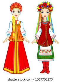 Slavic people. Animation portrait of the Russian and Ukrainian woman in traditional clothes. Eastern Europe.  Fairy tale character. Full growth. Vector illustration isolated on a white background.