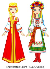 Slavic people. Animation portrait of the Russian and Ukrainian woman in traditional clothes. Eastern Europe.  Fairy tale character. Full growth. Vector illustration isolated on a white background.