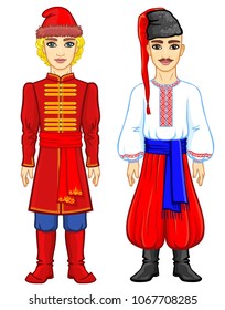 Slavic people. Animation portrait of the Russian and Ukrainian man in traditional clothes. Eastern Europe.  Fairy tale character. Full growth. Vector illustration isolated on a white background.