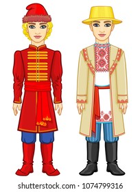 Slavic people. Animation portrait of the Russian and Belarusian man in traditional clothes. Eastern Europe.  Fairy tale character. Full growth. Vector illustration isolated on a white background.