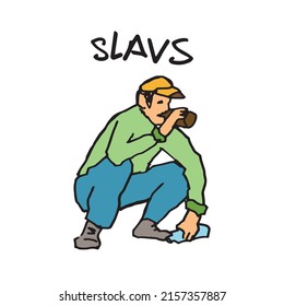 Slavic person siting or squatting, trying to think while heaving one or two drinks, hand drawn colored outline illustration. Wild person full of mysteries in a squat pose, cartoonish image sketch.