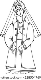Slavic princess in a veil and a festive outfit for coloring books and children's books. Hand drawn vector illustration