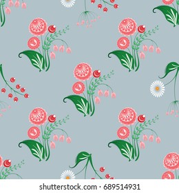 Slavic seamless pattern of fairy tale flowers in rows  for used for wallpaper, printing on the packaging paper, textiles.
