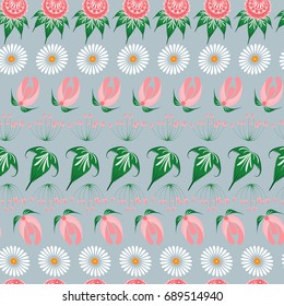Slavic seamless pattern of fairy tale flowers in rows  for used for wallpaper, printing on the packaging paper, textiles.