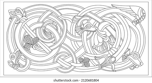 Slavic style tile with roots intertwined into dragons and snakes