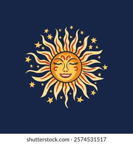 Slavic sun with face on blue background. Sun and stars. Maslenitsa Russian holiday logo. Shrovetide Folklore art.