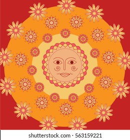 Slavic sun on the bright yellow, orange and red background with curious abstract design. Shrovetide. Vector illustration.