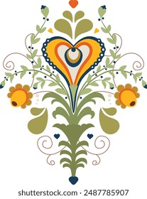 Slawische traditionelle Illustration mit bunten floralen Ornamenten.
Ethno-Stilkonzept mit sich wiederholenden botanischen Elementen.
Dekorative und poetische Vektorillustration im europäischen Stil.