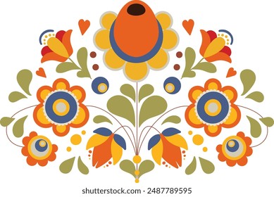 Slawische traditionelle Illustration mit bunten floralen Ornamenten.
Ethno-Stilkonzept mit sich wiederholenden botanischen Elementen.
Dekorative und poetische Vektorillustration im europäischen Stil.