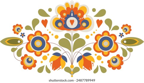 Slawische traditionelle Illustration mit bunten floralen Ornamenten.
Ethno-Stilkonzept mit sich wiederholenden botanischen Elementen.
Dekorative und poetische Vektorillustration im europäischen Stil.