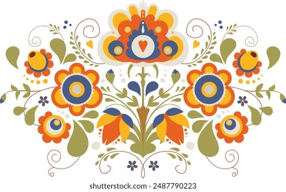 Slawische traditionelle Illustration mit bunten floralen Ornamenten.
Ethno-Stilkonzept mit sich wiederholenden botanischen Elementen.
Dekorative und poetische Vektorillustration im europäischen Stil.